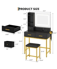 Homfan Makeup Vanity Desk with 3-Color Lights, 4 Drawers, 2 Shelves, Built-In Charging Station, Led Vanity Table for Bedroom, Dressing Room