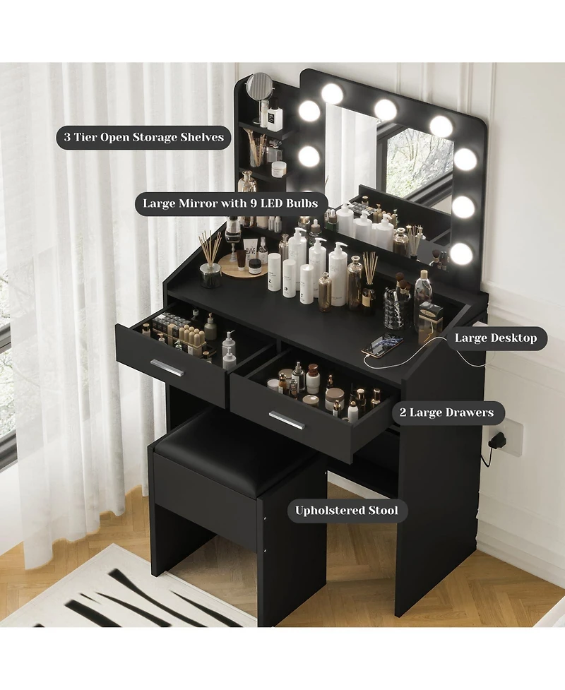 Homfan Modern Vanity Desk with Mirror, Led Lights, Power Outlet, Usb Ports, 2 Drawers, 3 Lighting Modes, Stool, Hairdryer Holder, Bedroom Makeup Table