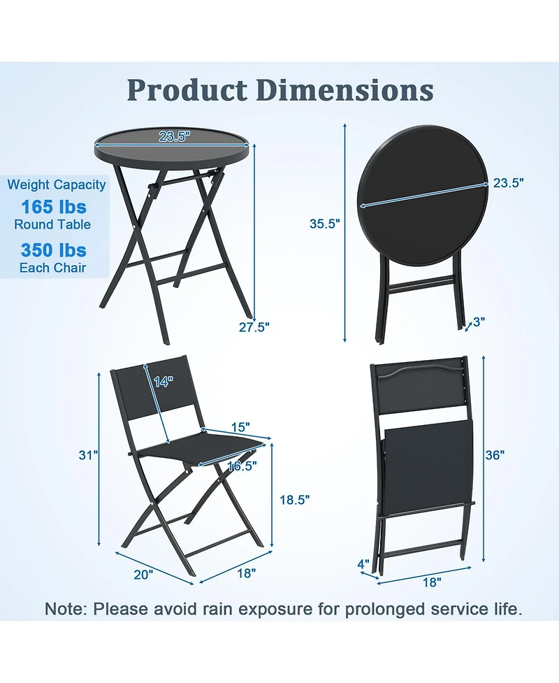 Sugift 3 Piece Folding Patio Bistro Set with Glass Table and Chairs