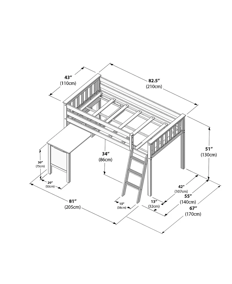 Max & Lily Solid Wood Twin Loft Bed, Loft Bed with Pull Out Desk and Ladder for Kids