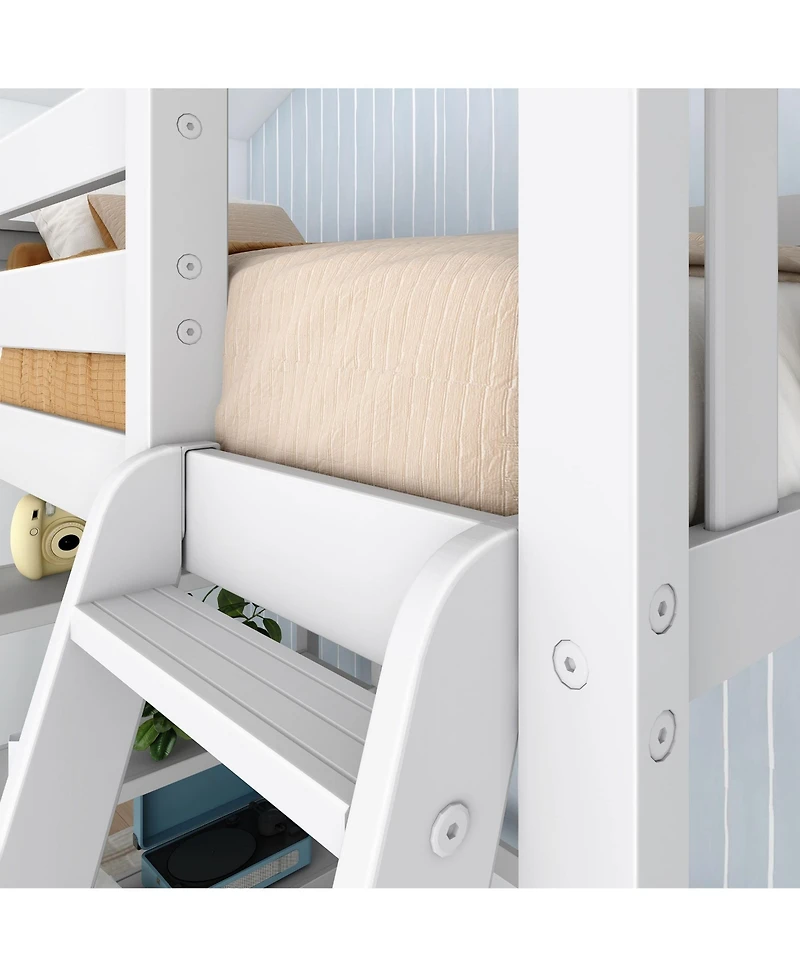 Max & Lily Solid Wood High Loft Bed,Twin Bed Frame For Kids With Bookcase and Ladder