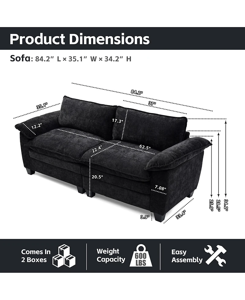 Rainsken 84.2" Chenille Modular Sectional Couch, Deep 2-Seat Sofa with Removable Washable Covers and Pocket Coil Spring Support for Living Room