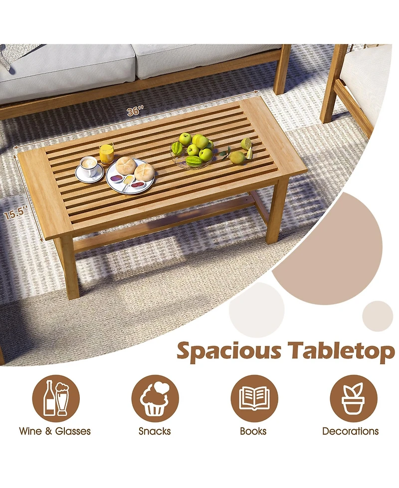 Gymax 36''Patio Coffee Table Solid Wood Coffee Table w/ Slatted Tabletop