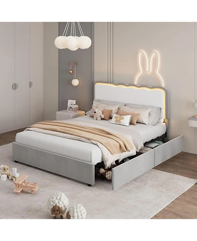 gaomon velvet Led bed frame with storage drawers, adjustable headboard, princess-style frame