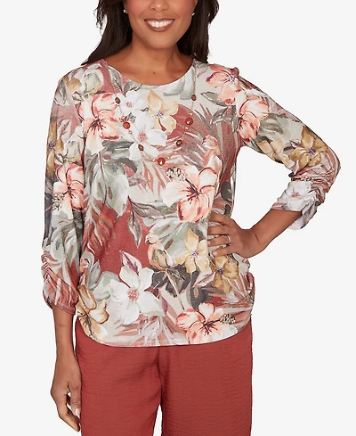 Alfred Dunner Petite Spice Market Dramatic Floral T-Shirt with Necklace