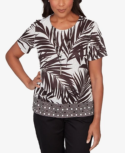 Alfred Dunner Petite Detail Driven Tropical Diamond Border Crewneck T-Shirt with Necklace