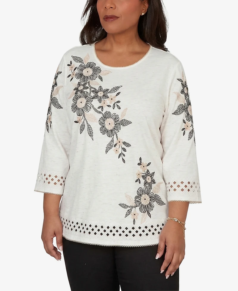 Alfred Dunner Petite Detail Driven Floral Embroidered Textured Crewneck Top