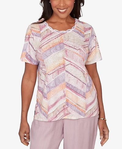 Alfred Dunner Petite Vintage Charm Chevron Geometric Short-Sleeve T-Shirt