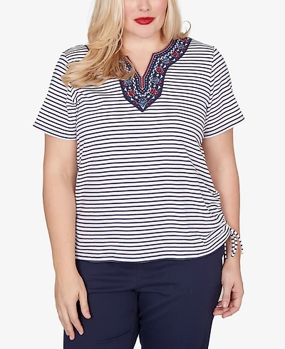 Alfred Dunner Petite Lady Liberty Embroidered Neck Striped Side-Tie Top