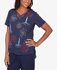 Alfred Dunner Petite Lady Liberty Statue of Fireworks V-Neck T-Shirt