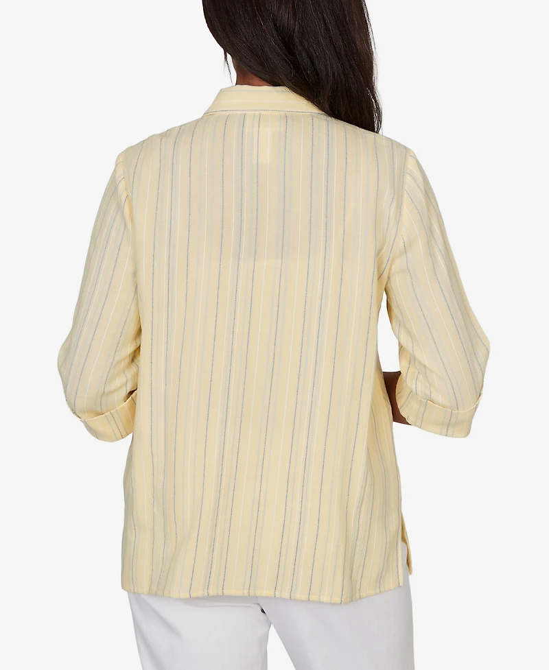 Alfred Dunner Petite Out of the Blue Embroidered Daisy Stripes Button-Front Top