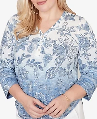 Alfred Dunner Petite Out of the Blue Ombre Batik Floral Henley Top