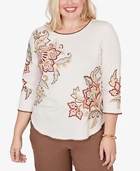 Alfred Dunner Petite Spice Market Asymmetrical Scroll Floral Round Hem Top