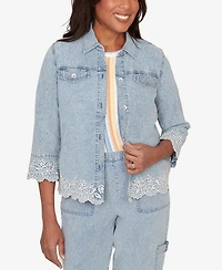 Alfred Dunner Petite Out of the Blue Floral Embroidered Scallop Trim Collared Jacket