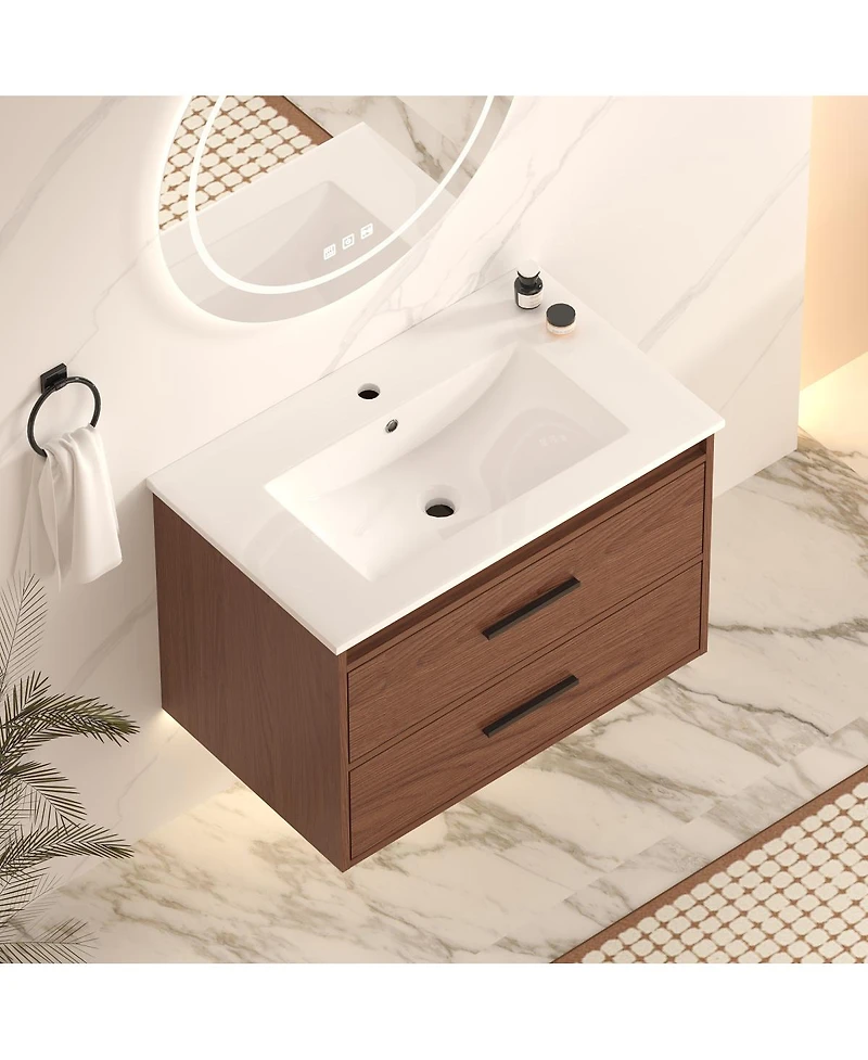 Sillysis 30 Inch Wall Mounted Bathroom Vanity with Ceramic Sink, Soft Close Drawers and Reddish Brown Cabinet, Modern Transitional Design