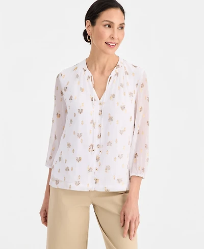 Jm Collection Women's 3/4 Sleeve Metallic-Print Tie-Neck Blouse, Macy's Exclusive