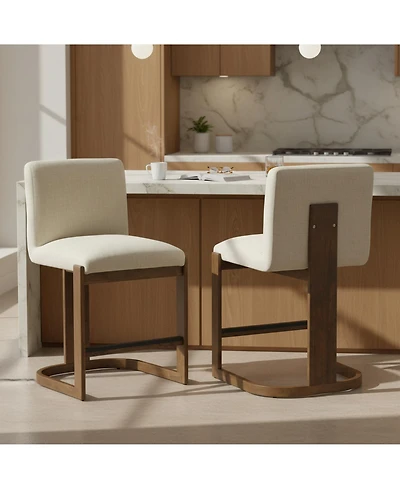 Rainsken Modern Bar Stools Set of 2, 24" Solid Wood Counter Height Chairs with Linen Cushion Seat for Kitchen Island and Home Bar