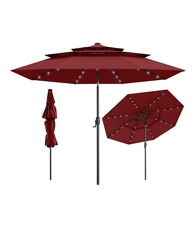 Sugift 10 Feet Solar Patio Umbrella with 32 Led Lights 3-Tier Vented Top