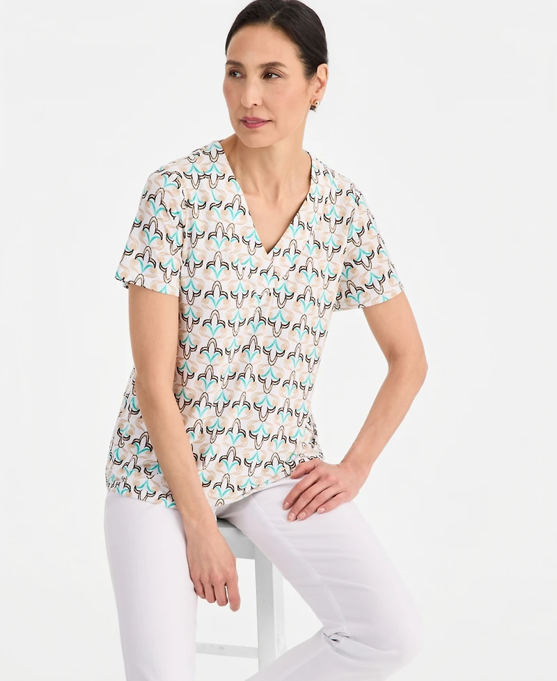 Jm Collection Women's Printed Short Sleeve V-Neck Jacquard Top, Macy's Exclusive