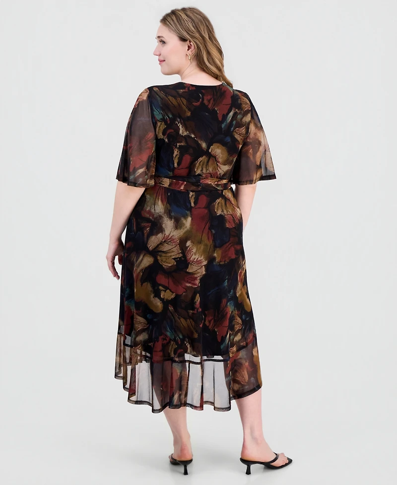 Connected Plus Printed Flutter-Sleeve Faux-Wrap Midi Dress