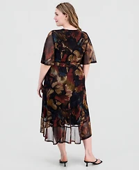 Connected Plus Printed Flutter-Sleeve Faux-Wrap Midi Dress