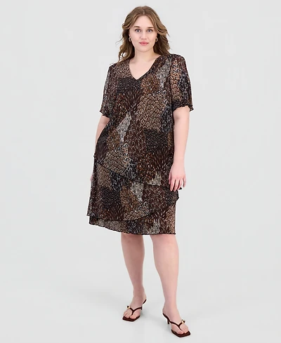 Connected Plus Printed Pleated Asymmetric Tiered Sheath Dress