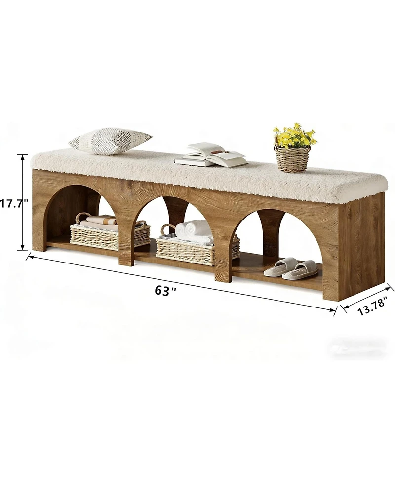 Tribesigns 63" Upholstered Entryway Bench, 2-Tier Entry Shoe Bench with Cushion and Storage Shelf, Farmhouse Padded Ottoman