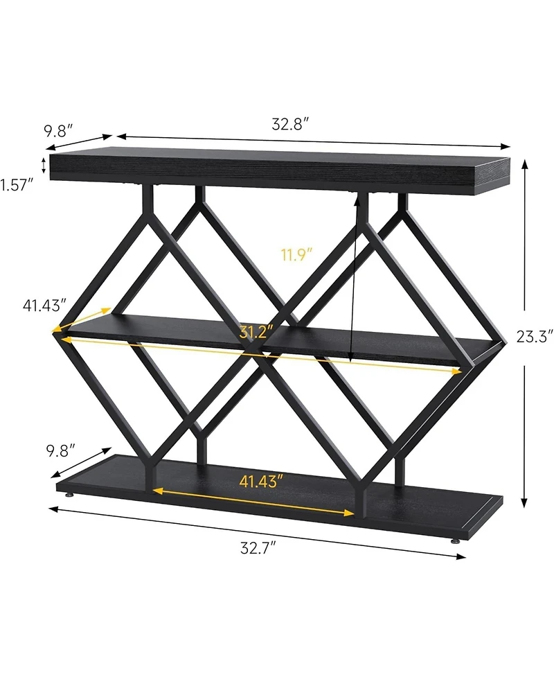 gaomon 3-Tier Industrial Entryway Table with Diamond-Shaped Metal Frame, Open Shelf Console Sofa Table for Living Room