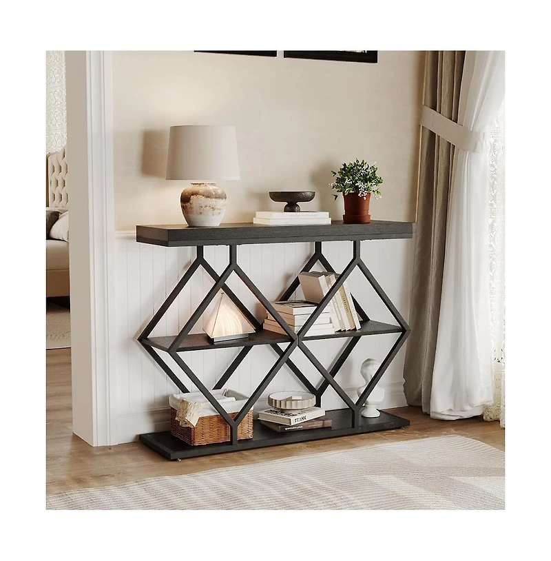 gaomon 3-Tier Industrial Entryway Table with Diamond-Shaped Metal Frame, Open Shelf Console Sofa Table for Living Room