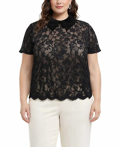 Coin 1804 Plus Scallop Edge Lace Collar Short-Sleeve Top