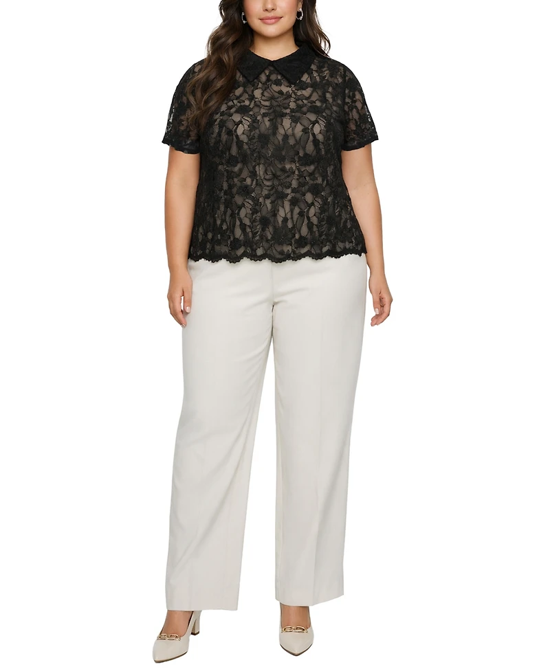 Coin 1804 Plus Scallop Edge Lace Collar Short-Sleeve Top