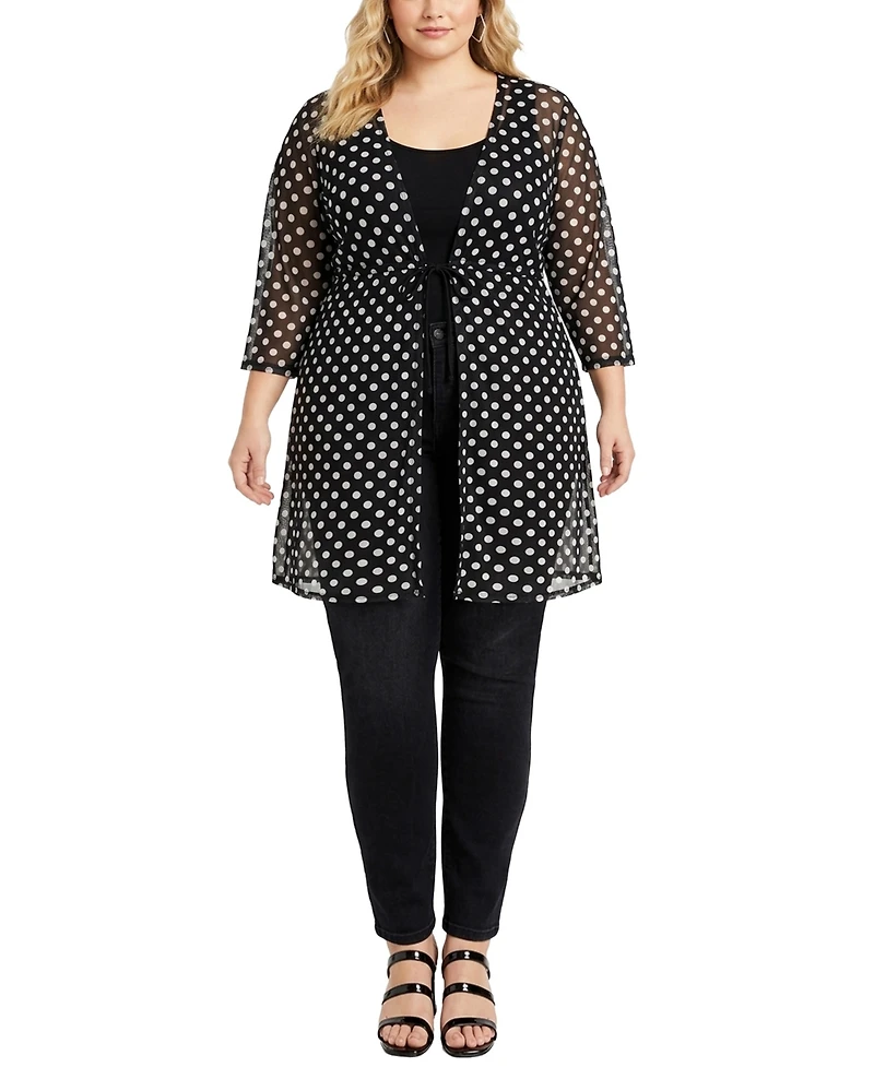 Coin 1804 Plus Polka Dot Mesh Tie-Front Coverup Top
