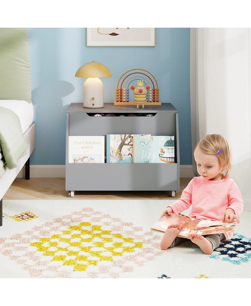 Gouun Wooden Mobile Toy Storage Organizer with Bookshelf and Lockable Wheels
