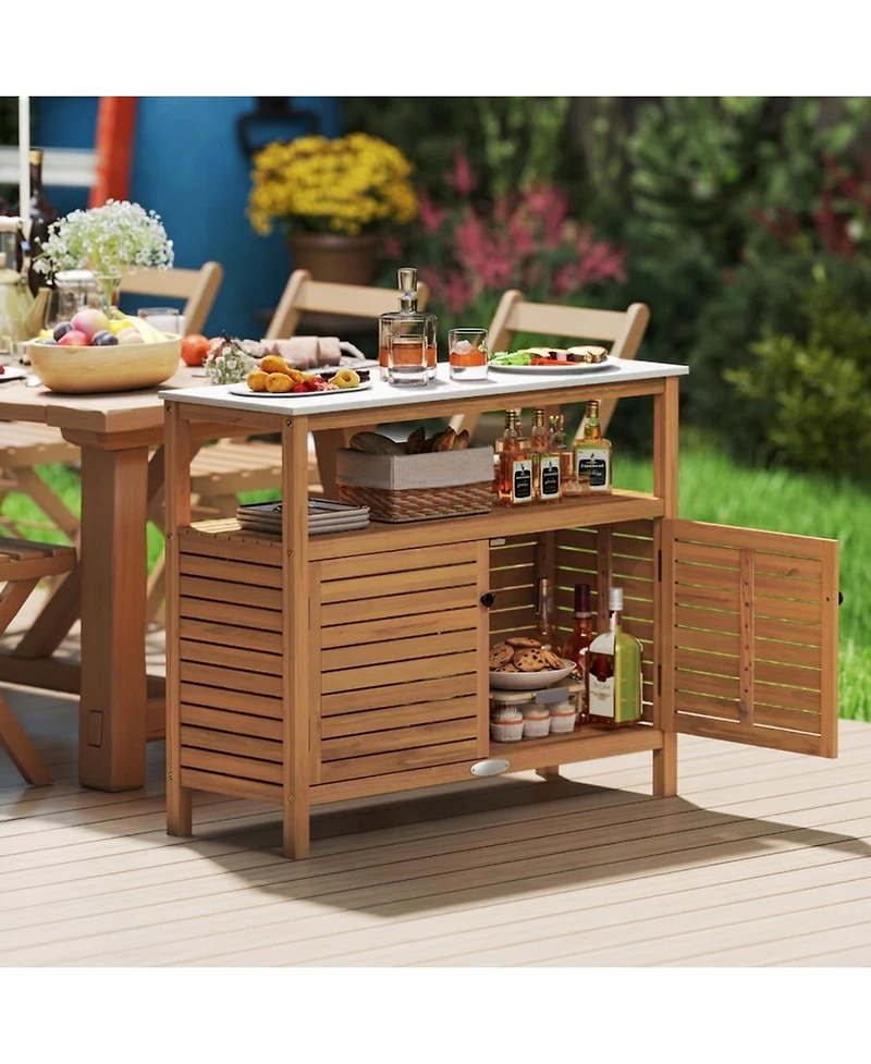 Gouun Acacia Wood Patio Buffet Cabinet with Open Shelf and Resin Countertop