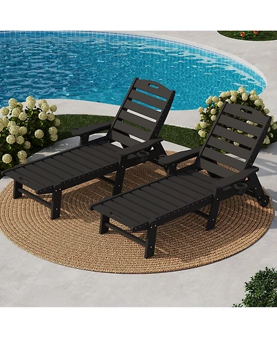 Homfan 5-Position Adjustable Hdpe Folding Chaise Lounge Set Outdoor Recliners with Cup Holder, Wheels, Resin, for Poolside, Garden 2 Pack