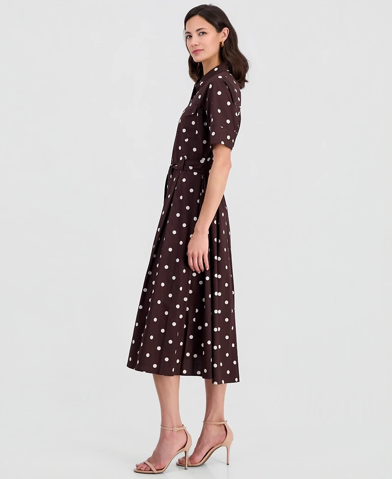 T Tahari Women's Elbow-Sleeve Button-Front Tie-Waist Dress