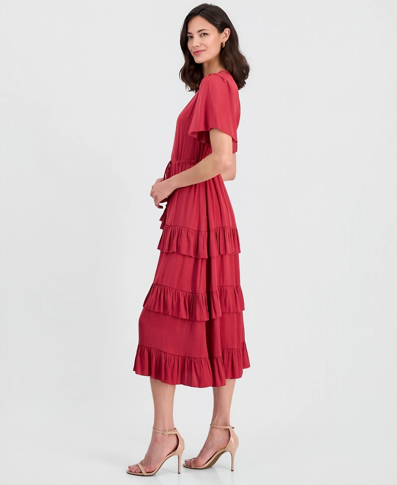 T Tahari Women's V-Neck Short-Sleeve Tiered-Ruffle Dress