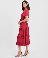 T Tahari Women's V-Neck Short-Sleeve Tiered-Ruffle Dress