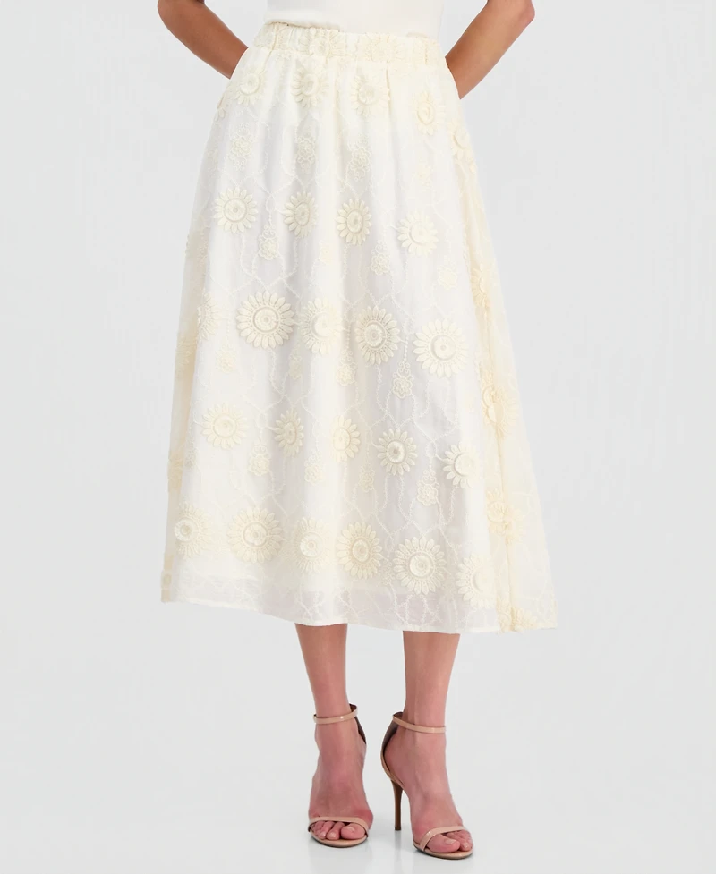 T Tahari Women's Pull-On Floral-Embroidered Midi Skirt