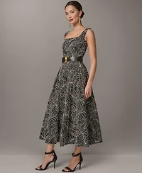 Donna Karan New York Women's Square Neck A-Line Midi Dress with Polyurethane Belt