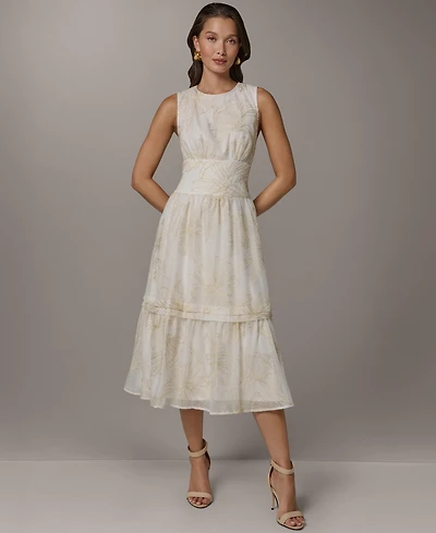 Donna Karan New York Women's Crewneck A-Line Embroidered Midi Dress