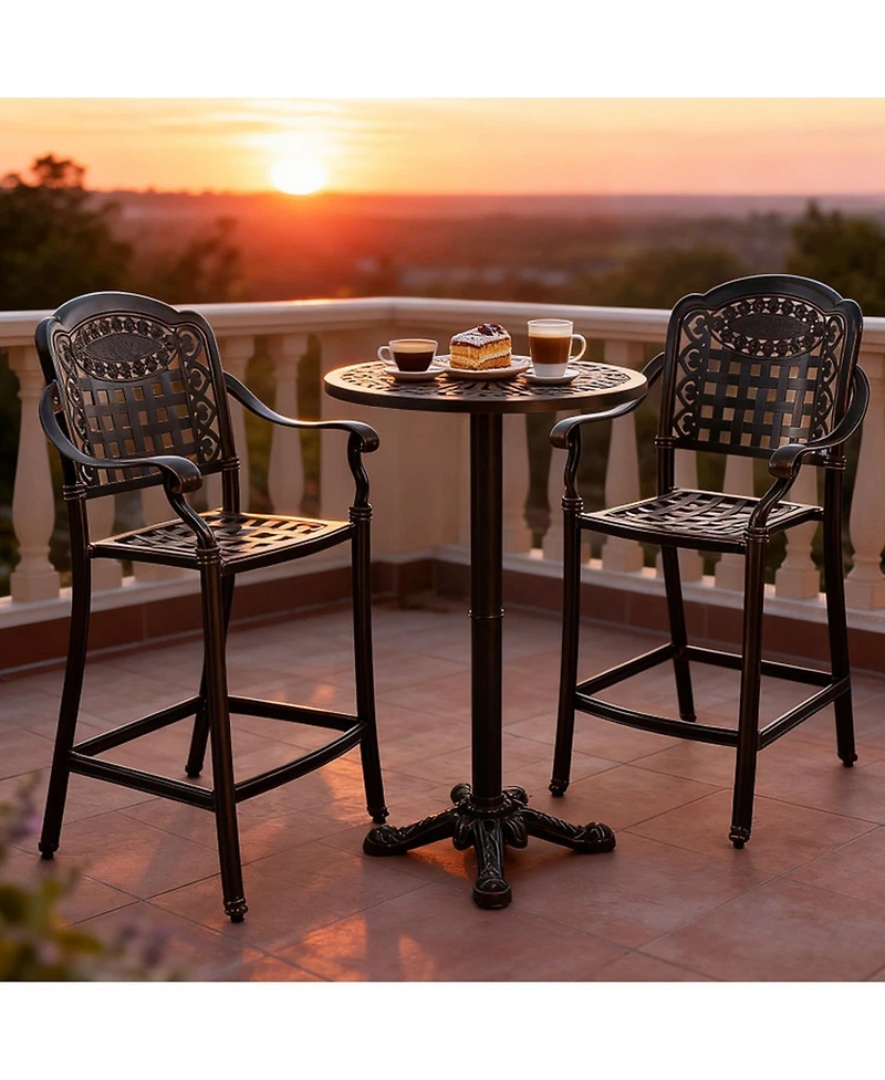 Sugift 3 Piece Outdoor Cast Aluminum Bar Set with Round High Top Table and 2 Counter Height Stools