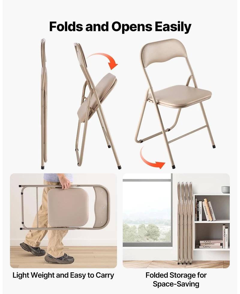 Gouun Padded Folding Chairs Pack of 4 with Faux Leather Cushion and Metal Frame, 350 lb Each