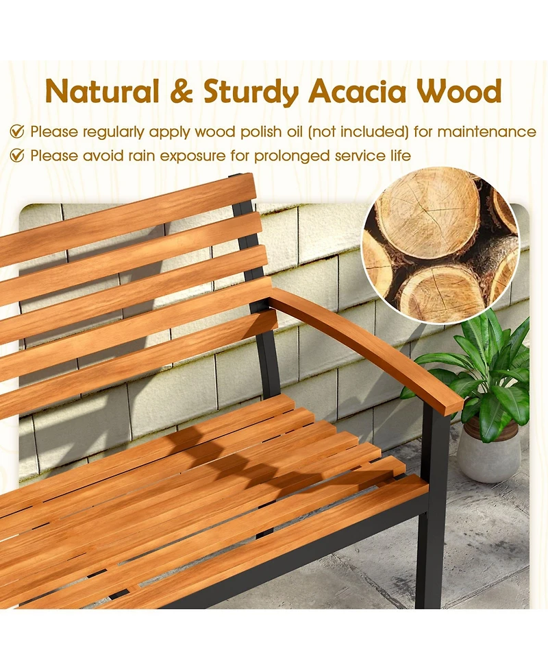Sugift Acacia Wood Patio Bench Loveseat with Backrest and Armrests