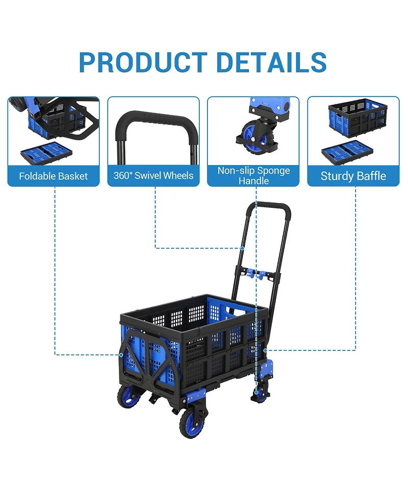 Homfan 2-in-1 Folding Hand Truck and Platform Cart w/ 330 lb Capacity, Convertible Dolly with Foldable Basket and Bungee Cords, Portable Luggage Cart