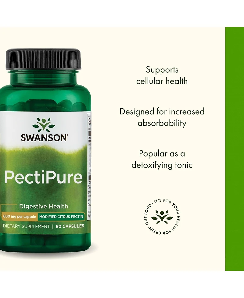 Swanson PectiPure Modified Citrus Pectin, Digestive and Cellular Health, 82% Galacturonic Acid, Natural Wellness Supplement, 600 mg, 60 Capsules