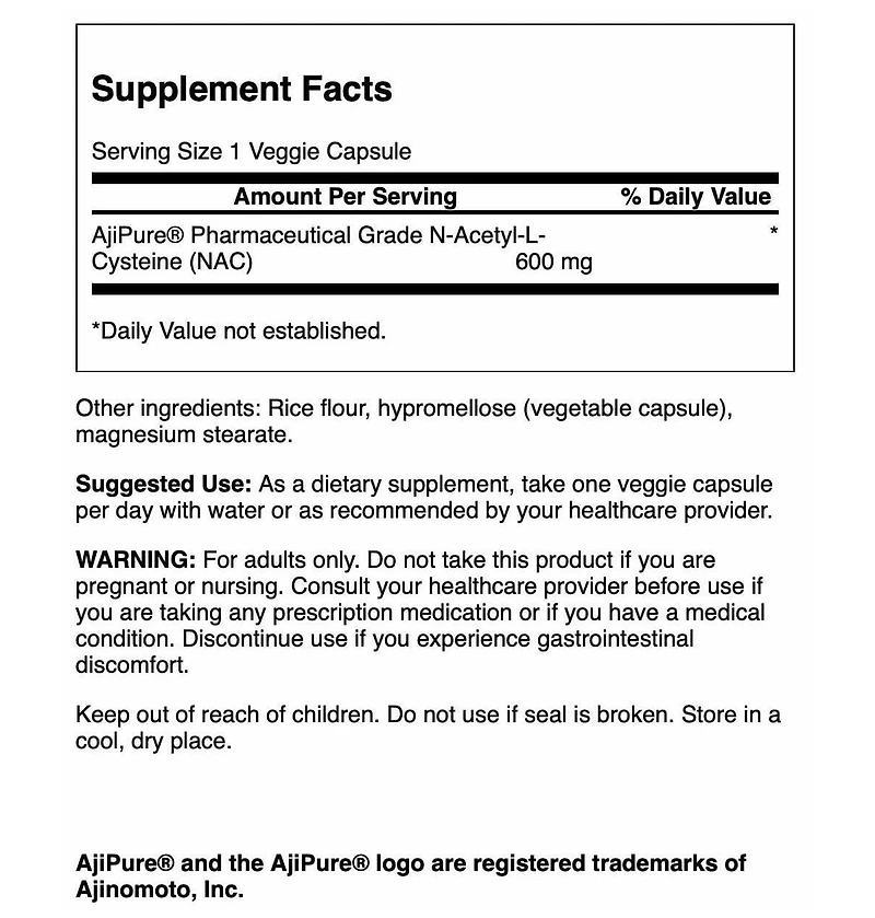 Swanson Amino Acid Ajipure NAcetylLCysteine Pharmacecal Grade 600 Milligrams 60 Veg Capsules