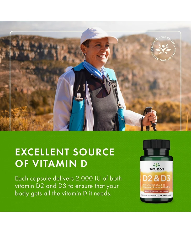 Swanson Vitamin D Complex With Vitamins D2 and D3, Bone, Dental and Immune Health, Sunshine Vitamin Complex, 50 mcg, 60 Veggie Capsules