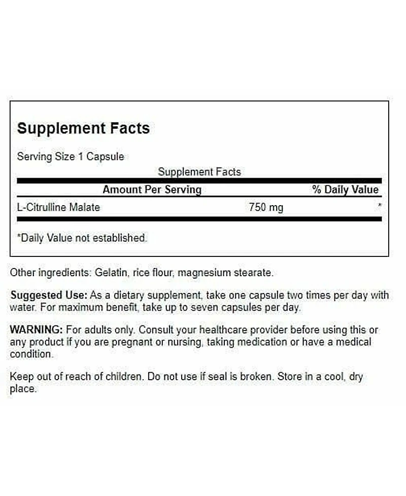 Swanson L-Citrulline Malate Amino Acid Supplement, Energy Production and Blood Circulation, Natural Formula for Overall Wellness, 750 mg, 60 Capsules