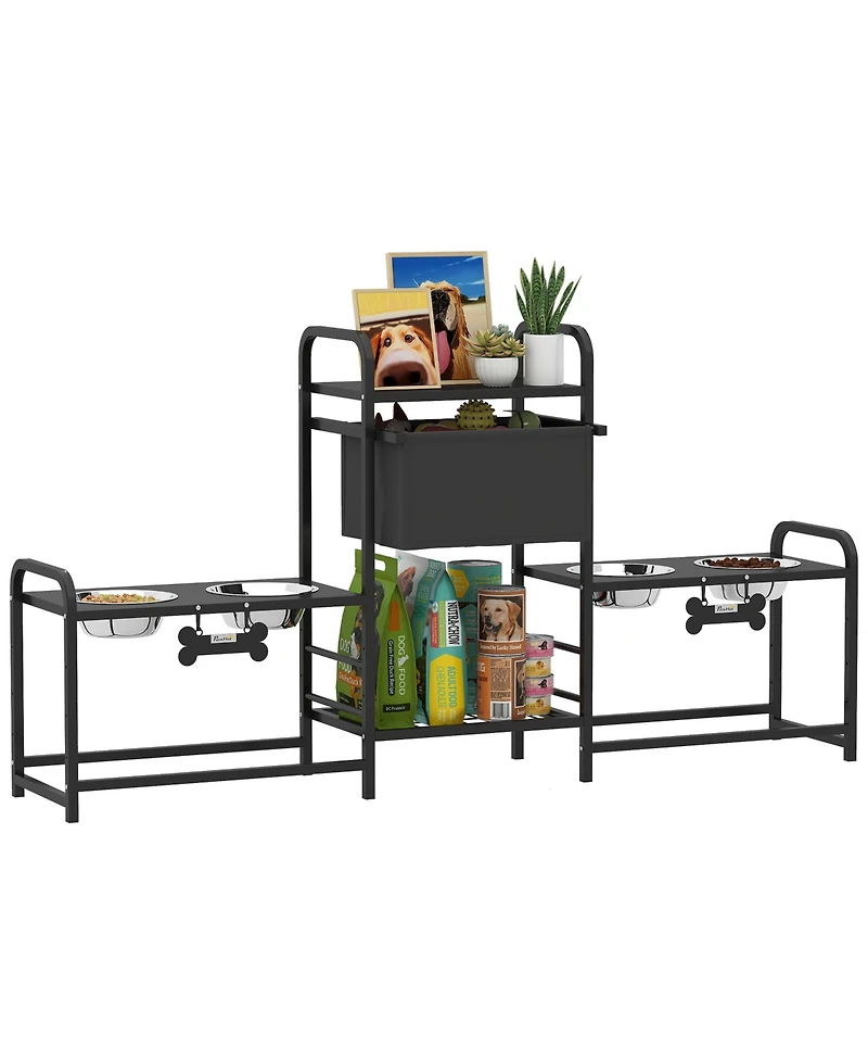 Aostirmotor Black Elevated Dog Bowl Stand - 3 height adjustable, 2 feeding stations, built-in toy bin basket. Neat, ergonomic design